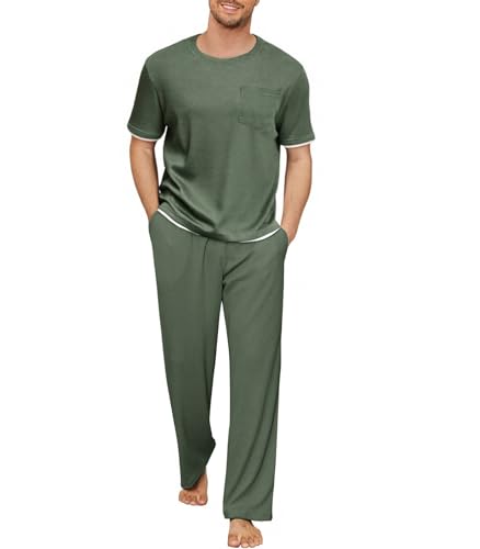 Andeip Mens Pajamas Set Waffle Crew Neck Loungewear Cozy Sleepwear Short Sleeve Top and Long Pants Pj Set with Pockets