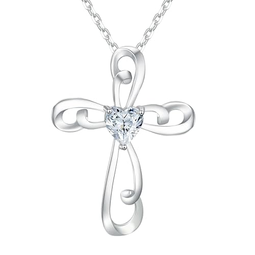 Sterling Silver Cross Necklace for Women Twisted Crucifix Pendant with Heart-Shaped Zirconia Birthday Gift