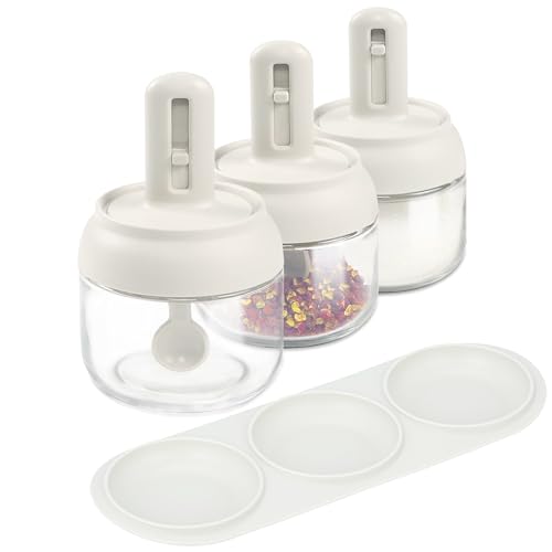 Povinmos® 3 Piece Glass Salt Container | Storage | Pepper,Table Salt, Sugar,Gourmet Salts,Spice |Chili Herbs |10 oz |Glass Salt Container with Lid and Retractable Spoon