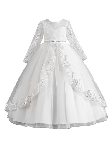 Flower Girl Dress Lace Long Sleeve Princess Tulle Party Dress Pageant Evening Formal Ball Gown