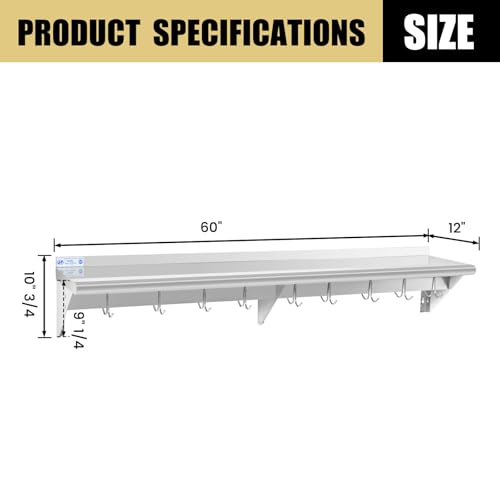 Image of Hally Stainless Steel Shelf with 9 Hooks 12 inch x 60 inch Wall Mounted Pot Rack 315lb, NSF Commercial Floating Shelving for Storage Hanging Pots, Pans, cookware in Restaurant, Kitchen, Home and Hotel