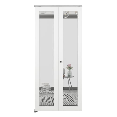 30 in. x 80 in. Mirrored Glass Solid Core White Composite Bi-fold Door with Hardware Kit and Door Handle