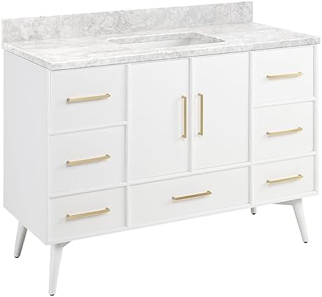 Signature Hardware 953912-48-RUMB-0 Novak 48" Freestanding Mahogany Single Basin Vanity Set with Cabinet, Vanity Top, and Rectangular Undermount Sink - No Faucet Holes - Bright White/Carrara Marble