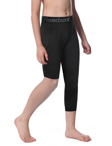Roadbox Boys One Leg Compression Pants,Athletic 3/4 Football Tights,Youth Single Leg Sports Base Layer Leggings Pockets3