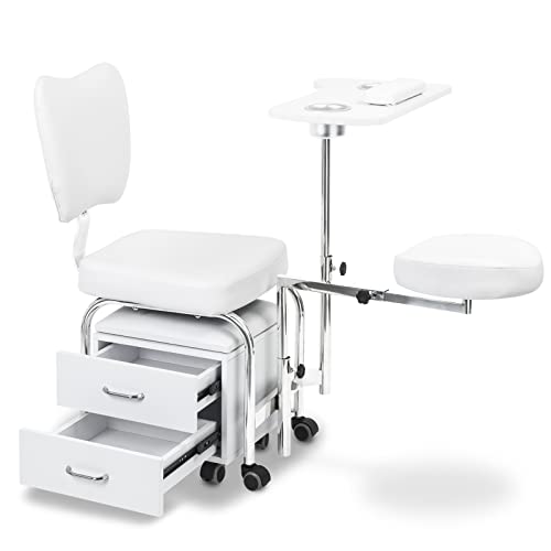 OKAKOPA Adjustable 2 in 1 Compact Mobile Manicure Pedicure Chair, Portable Pedicure Manicure Station with Stool for Technician, Salon Nail Board, Footrest, Mobile Stool W/Drawers (White)