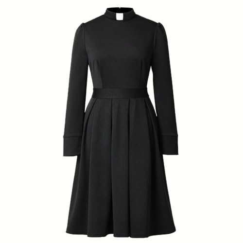Church Clergy Dress for Women Minister Spring/Autumn Long Sleeve Elegant Pleated Dress with Tab Collar