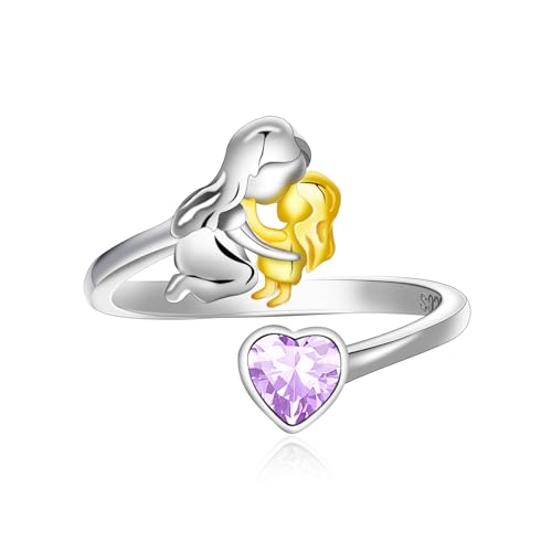 Qings Juin Alexandrite Bague Pierre de Naissance avec Mère Fille en Argent 925 Bague Mama Fille Cœur Zirconium