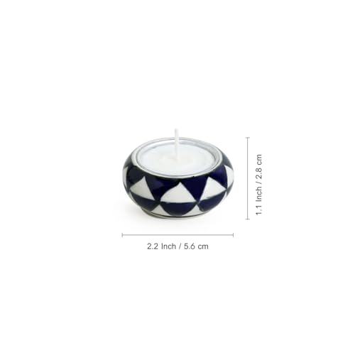 Image of ExclusiveLane 'Shimmering Mughal' Ceramic Table Tea Light Candle Holders for Home Decoration (Set of 4, Geometric Handpainted) |Tea Light Holder Decorative Tea Light Candle Holder Stand for Decoration