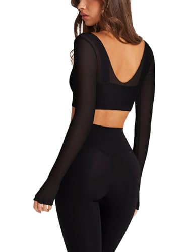 LASLULU Mesh Long Sleeve Crop Tops for Women Double Lined Workout Athletic Gym Shirts Cropped Tops with Built in Bra3