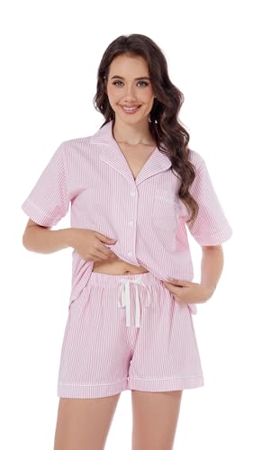 Image of LUBOT 100% Cotton Pajamas for Women 2 Piece PJ Set Poplin Woven Lightweight Ladies Button Short Sleeve Sleepwear S-XXL