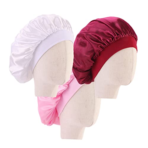 GANAZONO 3Pcs Satin Bonnet Comfortable Wide Brim for Boys Breathable Sleep Hat White Pink and Wine Red for Hair Protection