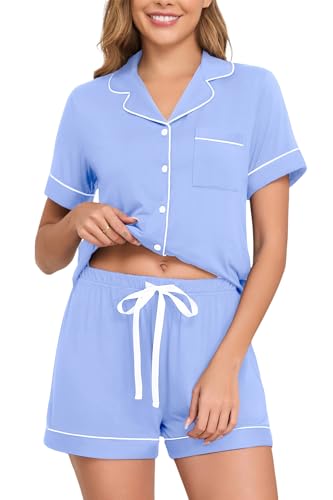Image of Veseacky Womens Pajamas Set Short Sleeve Sleepwear Button Down Pjs Comfy 2 Pieces Soft Lounge Set S-XXL