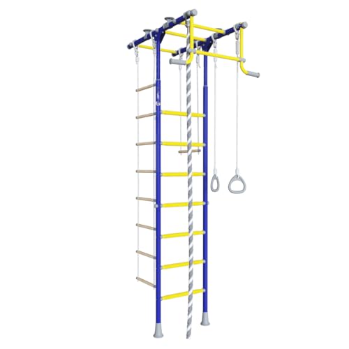 JEFLEX Espalier bleu/jaune pour enfant avec cadre en forme de T / complexe de sport pour enfants pour le fitness et le plaisir dans la chambre d'enfant / stable, peu encombrant et facile à monter /