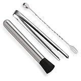 Muddler for Cocktails,10" Bar Spoon & Ice Tongs with Serrated Tip, 3Pcs Stainless Steel Bar Tools Set for Mojitos, Lemonade, Fruit Drinks, Home Party Bar Accessories