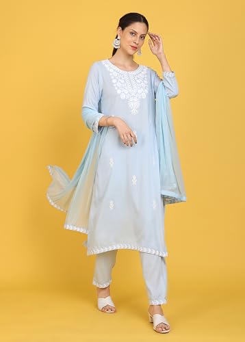 Image of Kaari Women's Chikankari Kurta Set with Dupatta -Straight Fit | Chiffon Dupatta with Embroidered Band | Straight Pant with Side Pocket | Kurta Set for Women
