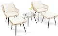 WenHaus 5 Pieces Patio Conversation Bistro Set, Outdoor Wicker with Ottoman,Table & Cushions,All-Weather Wicker Furniture Set for Porch, Backyard, Balcony, Garden