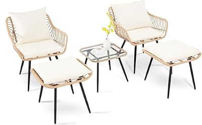 WenHaus 5 Pieces Patio Conversation Bistro Set, Outdoor Wicker with Ottoman,Table & Cushions,All-Weather Wicker Furniture Set for Porch, Backyard, Balcony, Garden