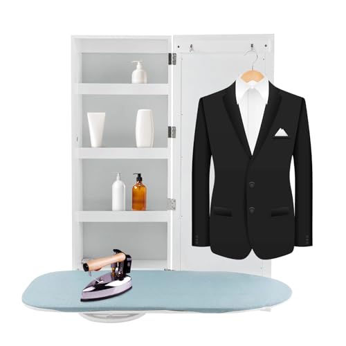 Wall-Mounted Ironing Board Cabinet, Built in Swivel Ironing Board Folding with Storage & Mirrored Door, Foldable Ironing Storage Station for Home & Apartment, Small Spaces, White, 14 * 8.1 * 37.5in
