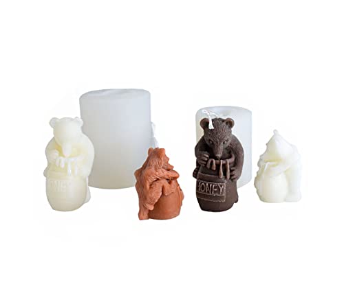 Xidmold 2pcs Bear Stealing Honey Candle Molds 3D Honey Pot Bear Silicone Mold for Fondant, Chocolate, Cake Decor, Candle, Soap, Polymer Clay, Plaster Ornament, Resin Art