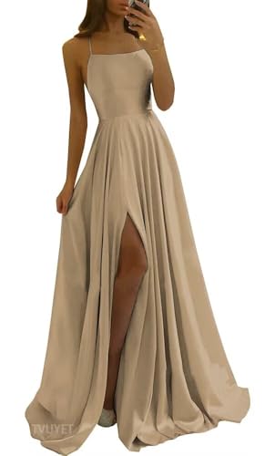 Image of Tvuyet Satin Prom Dresses Long with Pockets Spaghetti Straps A Line Bridesmaid Dresses with Side Slit Ball Gown