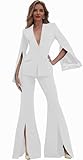 Womens Suits 2 Piece Set with Bell Bottoms Casual Sleeve Placket Outfits White Tuxedo Plus Size Pants Suits for Curvy Women Size XX-Large