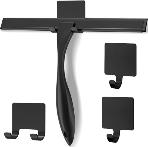 Image of Stainless Steel Shower Squeegee for Glass, Includes 3 Adhesive Hooks, Shower Door Squeegee for Bathroom, Household Window, Car Windshield, Mirrors, Tiles Scrubber Clear, 12 inch Black