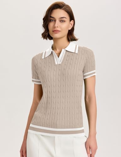 Image of Micoson Womens Short Sleeve Sweater Tops Lapel V Neck Polo Shirts 2026 Summer Cable Knit Loose Blouse Business Casual Outfits