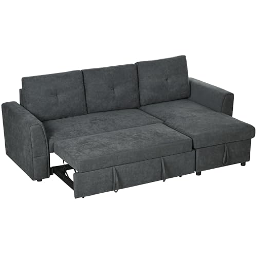 HOMCOM Schlafsofa Ecksofa mit Bettfunktion, 3 Sitzer Couch mit Stauraum, Chaiselongue, Leinenoptik Polstersofa für Wohnzimmer, Dunkelgrau HOMCOM Schlafsofa Ecksofa mit Bettfunktion, 3 Sitzer Couch mit Stauraum, Chaiselongue, Leinenoptik Polstersofa für Wohnzimmer, Dunkelgrau