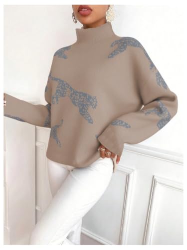 Image of WDIRARA Women's Leopard Tiger Print Sweater High Neck Long Sleeve Fuzzy Knitted Pullover Top
