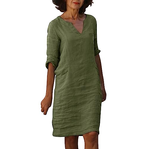 Leinenkleid Damen Sommer V-Ausschnitt Kurzarm Sommerkleid Damen Knielang...