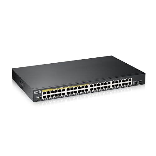 Zyxel Switch PoE Gigabit de 48 Puertos | Gestión Inteligente | 24x GbE + 24x PoE+ con 170W Budget + 2X SFP | Montaje en Rack | Ethernet Network Splitter | GS1900 48HP