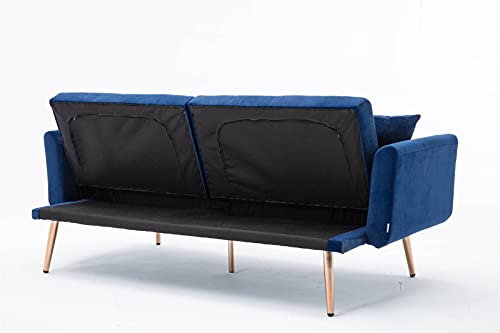 63.7" Navy Blue Velvet Couch, Tufted Loveseat Sofa, Convertible Futon Sofa Bed, Accent Sofa Recliner, Golden Metal Legs, 2 Couch Pillows, Mid Century Modern Sofas For Home Living Room Bedroom #TOP5
