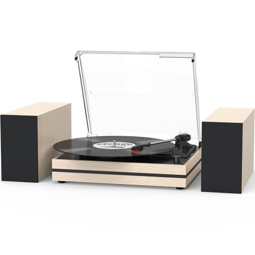 Image of Vinyl Record Player with Two External Speakers Belt-Drive Turntables for Vinyls Records Dual Stereo Speakers LP Players 3 Speed Full Size Wireless AUX-in Headphone Auto Stop Wood White