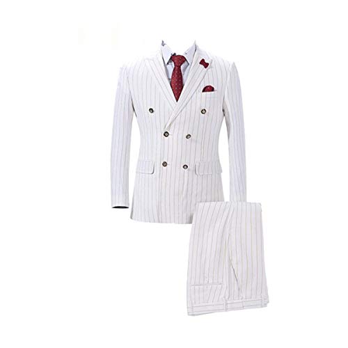 Mens Double Breasted White with Yellow Strip 6 Buttons Blazer Jackets Wedding Groomsmen Suits