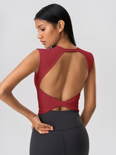 Image of ABOCIW Women Twist Back Workout Top with Built in Bra Cap Sleeve Pilates Yoga Crop Top Athletic Gym Shirt
