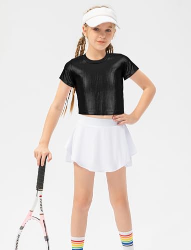 Image of 2025 Shiny Metallic Crop Top Kids Short Sleeve Dance T Shirt Casual Concert Sequin Tee Party