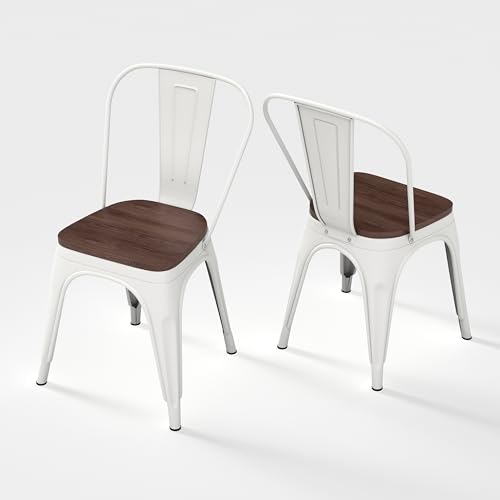 Image of Metal Dining Chairs with Backrest, Wood Seat, White, 2 Pack | Easy Assembly, Non-Slip Feet, 330 lb Capacity, Kitchen, Restaurant, Cafe, Pub, Covered Patio