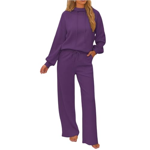 Lounge Set Two Piece Outfits Comfiest Airport 2 Piece Lounge Sweat Sets Plus Size Fall Fashion Matching Sweatsuits Wide Leg Pants Travel Outfit Winter Clothes Womens Jogging Suits (Purple,XXL)