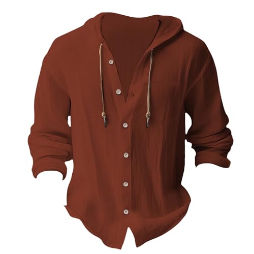 RWNHAA Men's Cotton Linen Henley Hooded Shirt V-Neck Long Sleeve