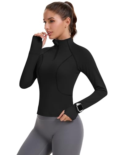 Avoogue Womens Long Sleeve Workout Tops Quick Dry Quarter Zip Pullover Crop Slim Fit Althletic Golf Shirts with Thumb Holes2