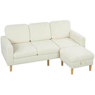 HOMCOM Canapé 3 Places avec Repose-Pieds, canapé en Velours côtelé 192 cm, Design Moderne, Tabouret de Rangement, Coussins à Ressorts, Assise et Dossier rembourrés, pour Salon, Chambre, Bureau, Beige