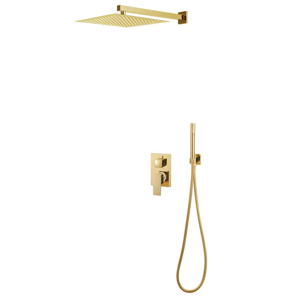 Duschsystem Edelstahl 201 Golden mit quadratischem Duschkopf Handbrause und flexiblen Edelstahl-Schlauch für Badewanne Dusche Badezimmer Kabine, Robustes Badzubehör, Montage & Austausch