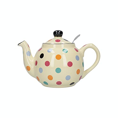 London Pottery Bauernhof Teekanne mit Infusor, Keramik Teekanne, spülmaschinenfest Teekanne, Elfenbein/Multi-Colour Polka Dots, 1,2 Liter (2 Pints)