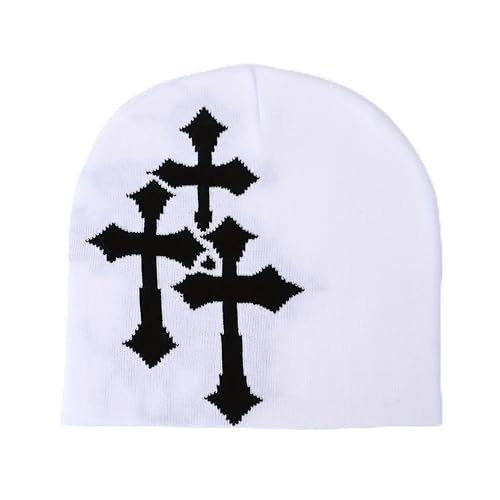 Fashion Knit Beanie with Cross Pattern Y2K Unisex Soft Jacquard Cap Popular Hip-Hop Cool Street Outdoor Sports Earflap Hat (White)