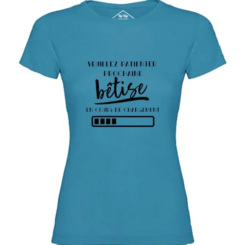 T-Shirt Femme Veuillez Patienter bleu en coton imprimé humoristique
