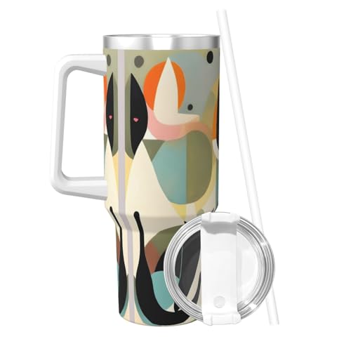 POEZJZW Mid-Century Modern Art Cat - Vaso de 1,134.0 g con asa y popote, hecho de acero inoxidable, doble pared aislada al vacío