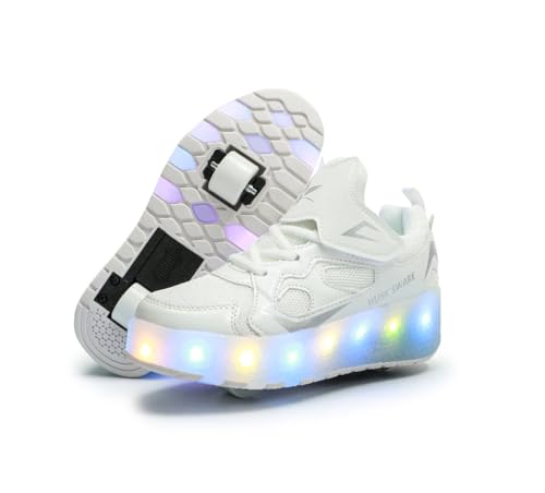 Scarpe da Ginnastica per Bambini, Scarpe da Skateboard a Due Ruote, Luce a Cambio Colore Regolabile, Ricarica USB, Universale per Ragazzi e Ragazze,Bianco 33 EU.