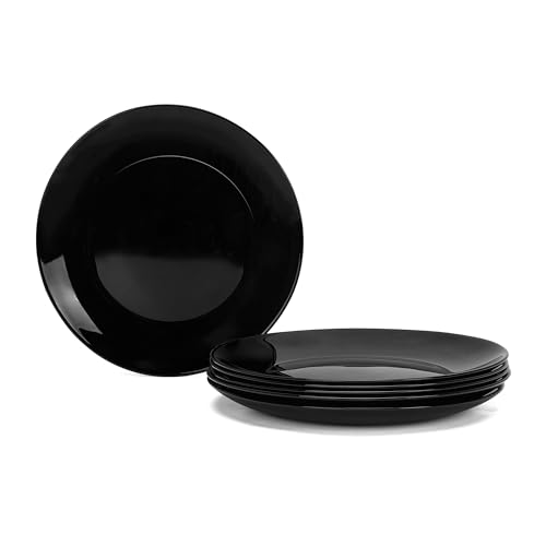 LaGlint 10.5 inch Dinner Plate Set of 6, Lightweight 26.67cm Round Opal Glass Black Dinnerware Plates, Dishwasher and Microwave Safe