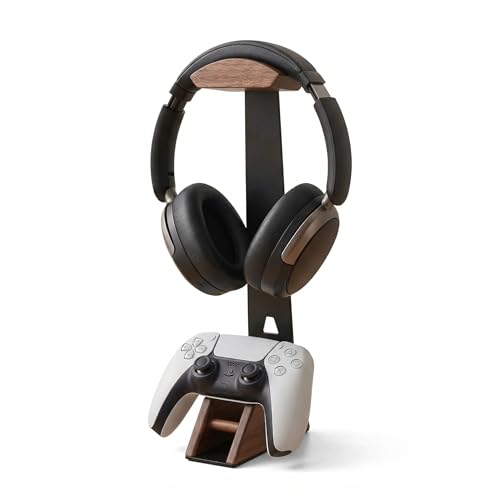 Sakulaya ヘッドホン コントローラー スタンド 木製 おしゃれ ヘッドホン プロコン スタンド 掛け 卓上 ゲームコントローラー収納ラック 省スペース コンパクト 安定性 PS5/Xbox/Switch Pro対応 クルミ材