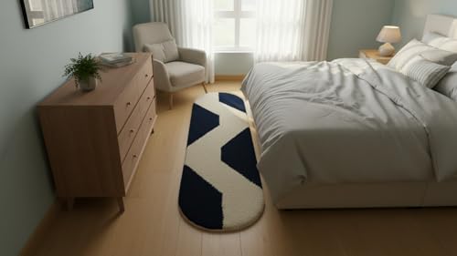 Image of Fluffy Silky Micro Fiber Polyster Carpet /Runner for Bedroom, Study Room, Playing Room, Guest Room ETC. 2x6 feet Feet, (Blue and Ivory Chevron Pattern)